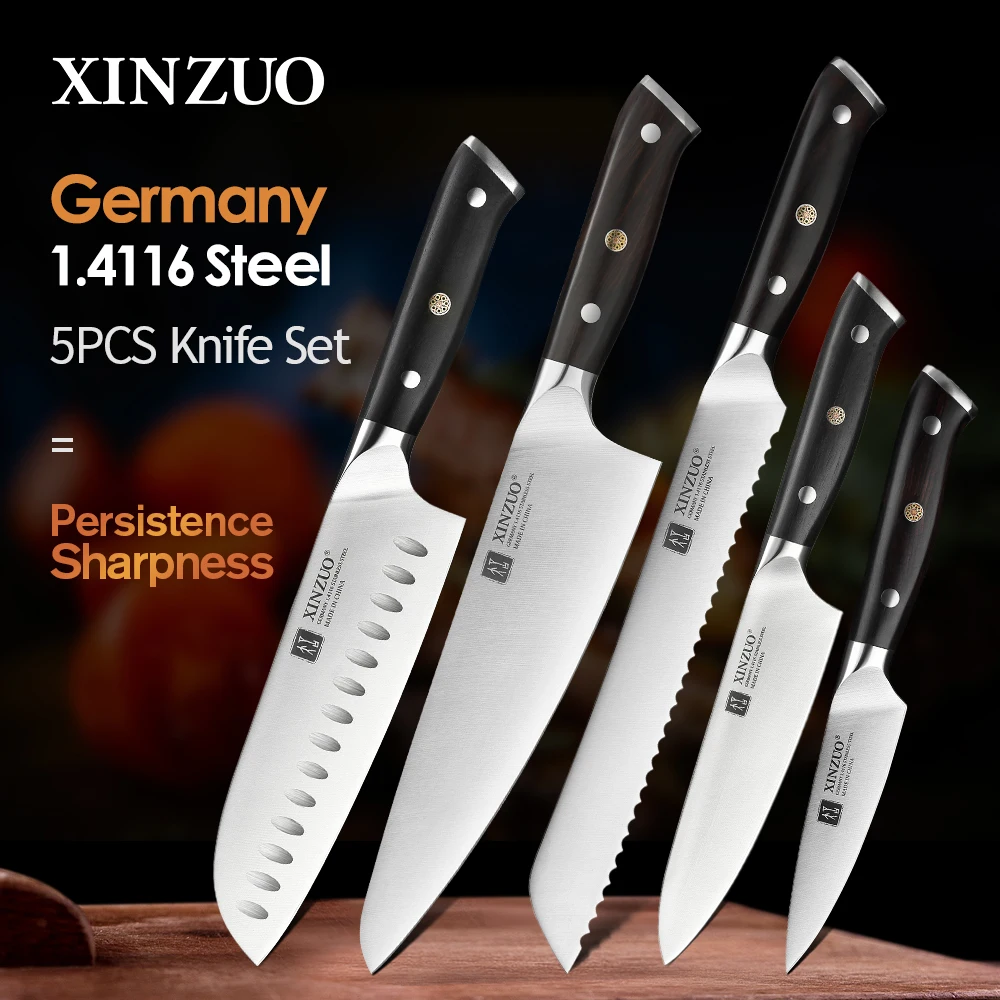 XINZUO 5PCS Cutlery Set High Carbon Din 1.4116 Stainless Steel Chef Bread Santoku Petty Utility Knives with Ebony Handle