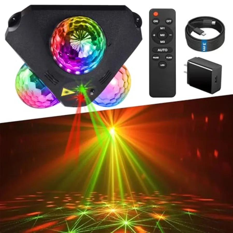 

4 in 1 Disco Ball DJ Party Lights, 3 RGB Disco Lights+Red and Green Pattern Lamp Strobe Lighting for Home Room Dance Parties Bi