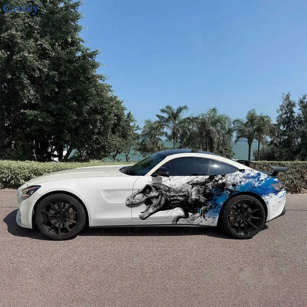2pcs Hand-drawn Splatter T-Rex, Durable, Fade-resistant, Enhance Vehicle Aesthetics With Bold Artistic Design Car Vinyl Wraps