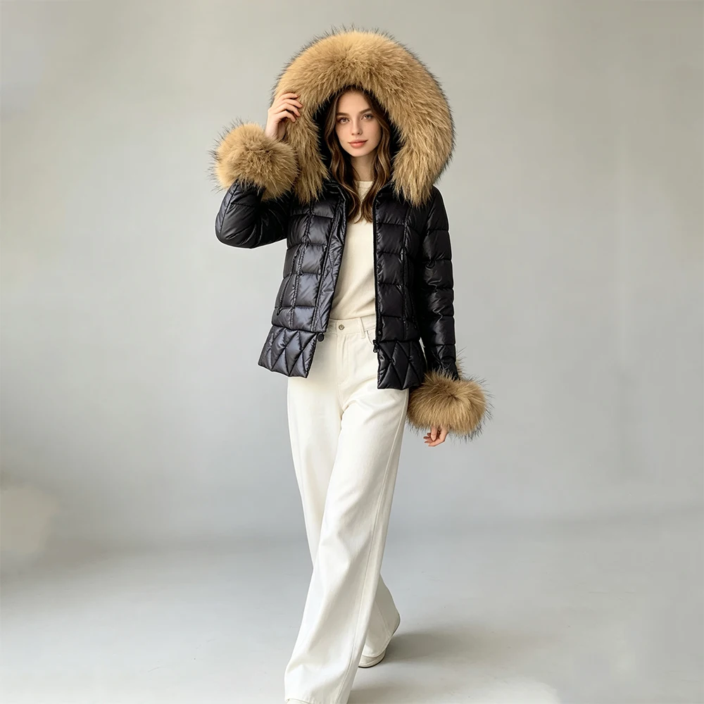 Jxwatcher Womem's Down Coat with Real Raccoon Fur Winter Warm White Duck Down Jacket Ladies Slim New In Outerwear Classic Black