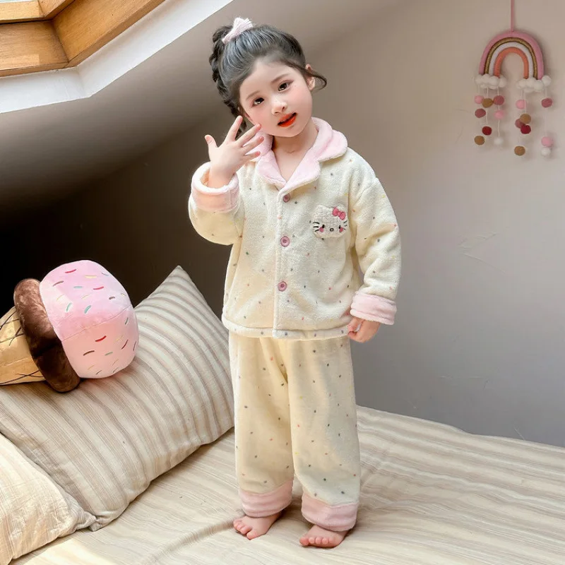 فتاة أنيمي الخريف/الشتاء بيجامة غير رسمية مجموعة الطفل الكرتون مرحبا كيتي الفانيلا سميكة منامة الأطفال المرجان المخملية ملابس المنزل #1