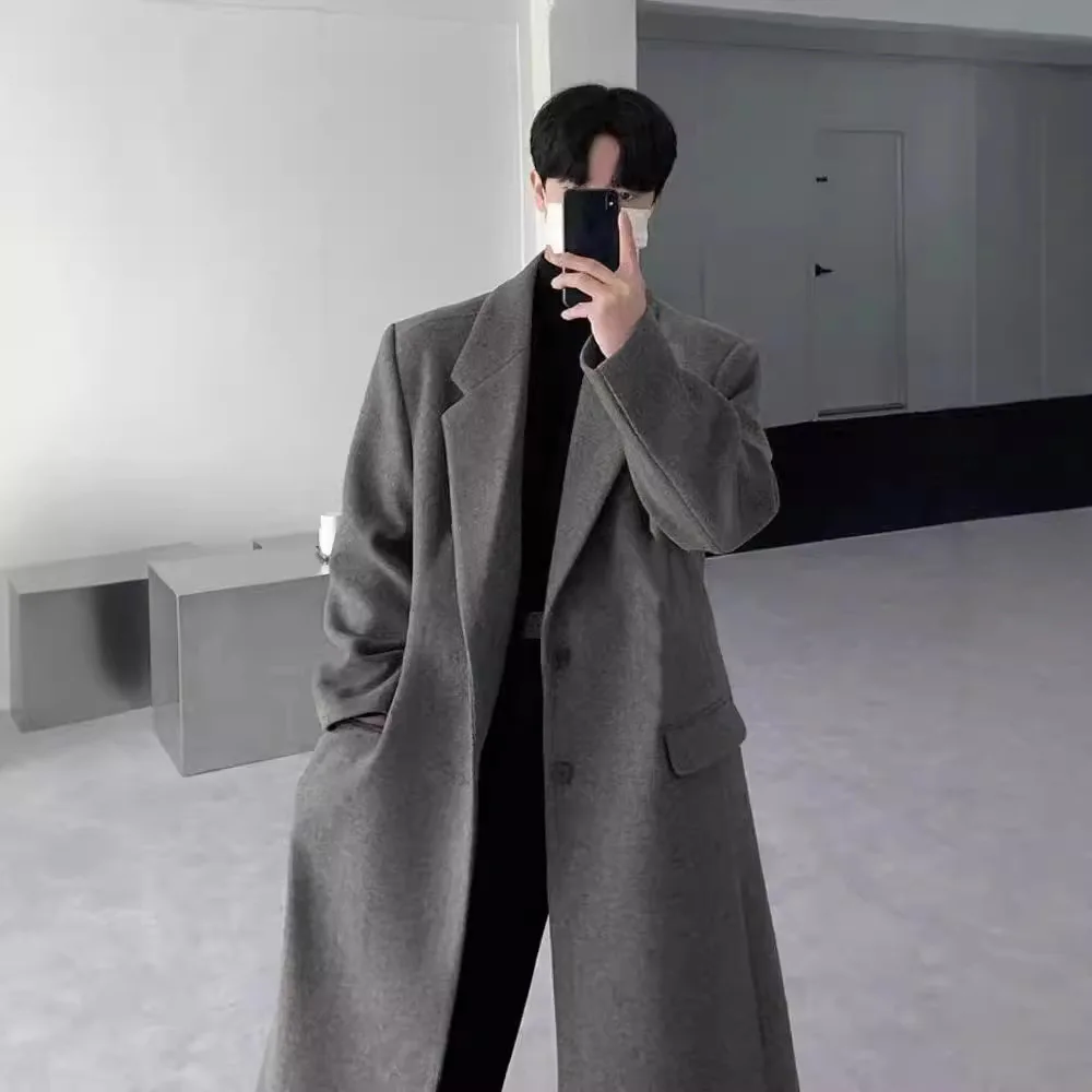 Men's Gray Oversize Long Wool Coat Minimalist Chic Autumn Winter Outerwear 2026