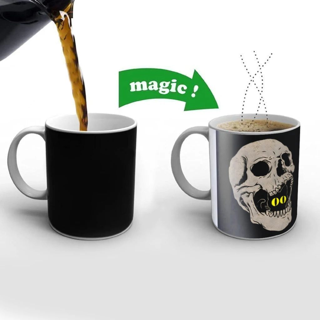 

Black Cat in The Skull Creativity Change Color Chang mug Ceramic mug Hot Coffee Cup Breakfast Cup Mug Friend Gift