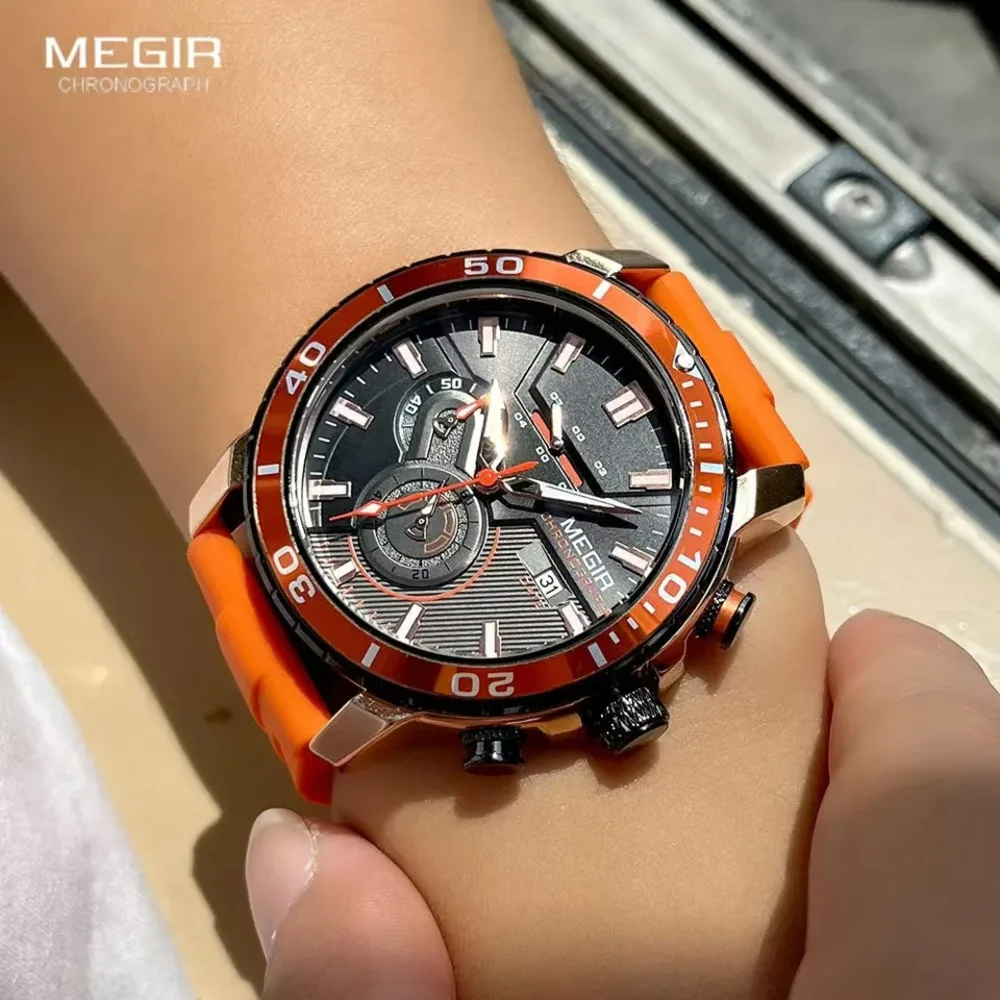 ساعة رياضية MEGIR-Orange للرجال ، حزام سيليكون مقاوم للماء ، كرونوغراف ، ساعة يد كوارتز ، تقويم ، أيدي مضيئة ، موضة