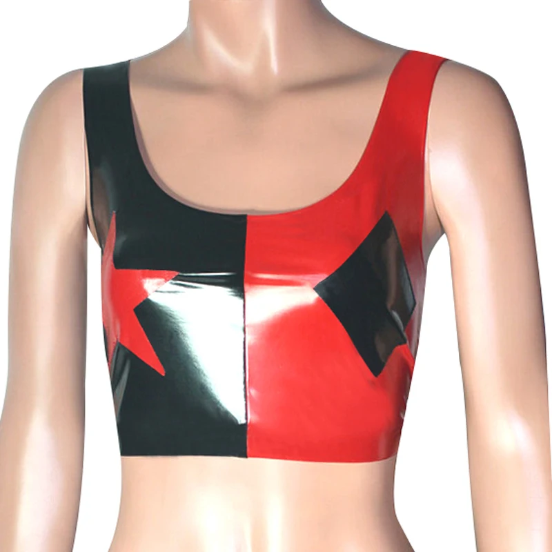 Red And Black Star Diamond Trims Decoration Sexy Latex Clown Suit Outfit Uniform Rubber Crop Tops Rubber Shirts YF-0349