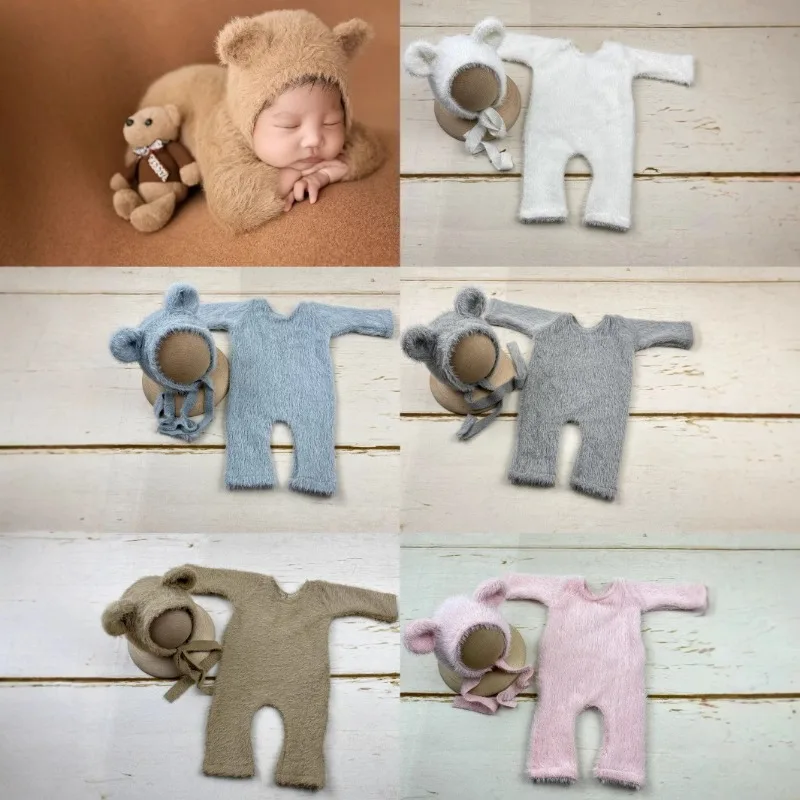 Accesorios para sesión de fotos para niña y niño, sombrero de oso de peluche de poliéster y pelele con patas, trajes de fotografía para recién nacidos, foto de 1er mes