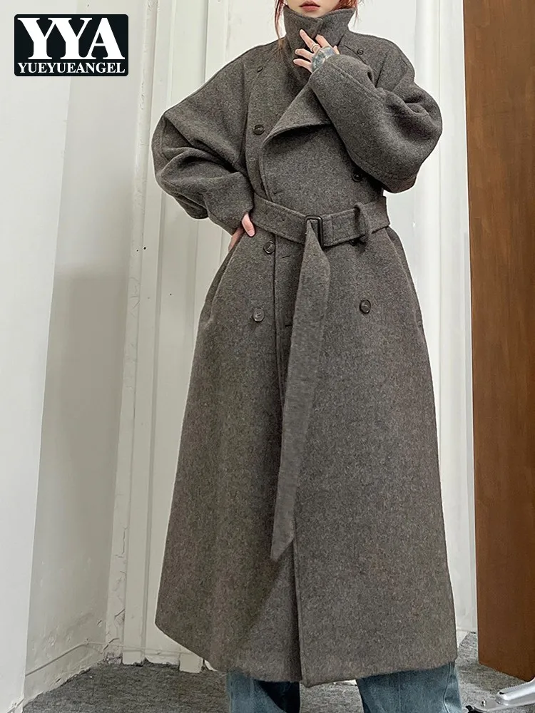 Ladies Double-Breasted Long Sleeves Trench Outerwear Solid Color Turn Down Collar Loose-Fitting Female Belt Overcoat