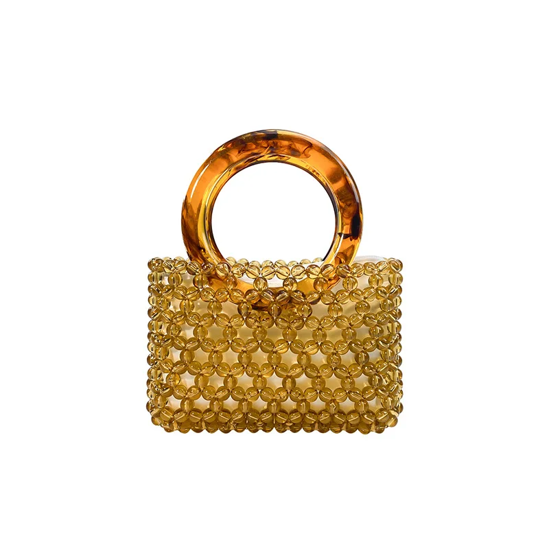 

Retro Amber Acrylic Hollow Out Handmade Beaded Handbag New 2025 Fashion Square Tote Bag Amber Round Handle Evening Clutch Bag