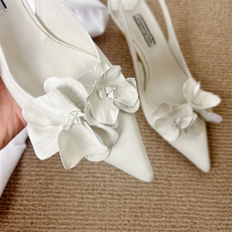 Pink High Heels Sexy Pointed Toe Slingback Shoes Design Flower Low Heel Office  Shoes White Pumps Chaussures Femme