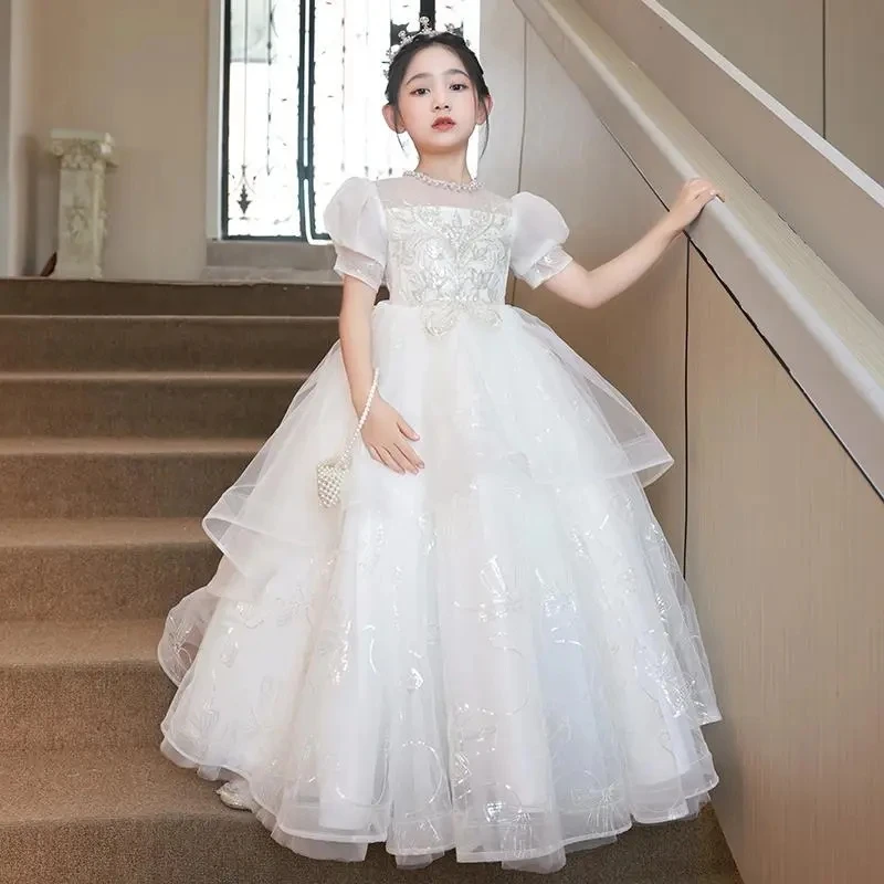 Neue High-End-Prinzessin Perlen Pailletten Kleid Kinder Blumen mädchen Kleider für Mädchen Kinder Kleid für Weihnachts feier langes Ballkleid