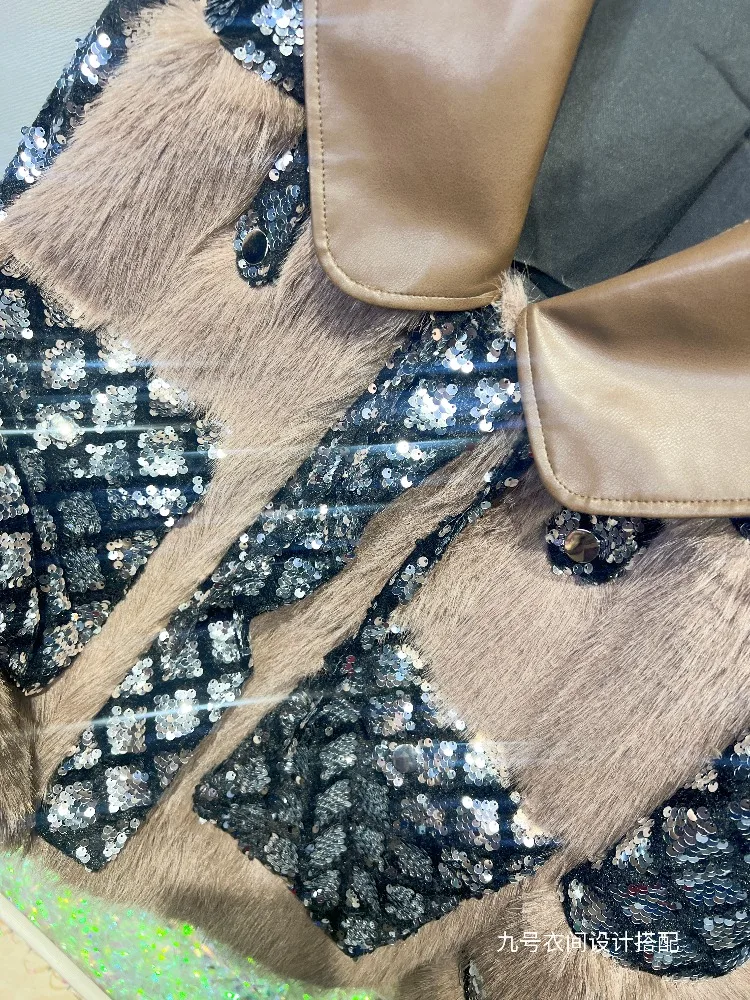 2025 European Style Autumn Winter New Faux Fur Coat for Women with Sequin Patchwork PU Leather Winter Coat Women Fluffy Jacket