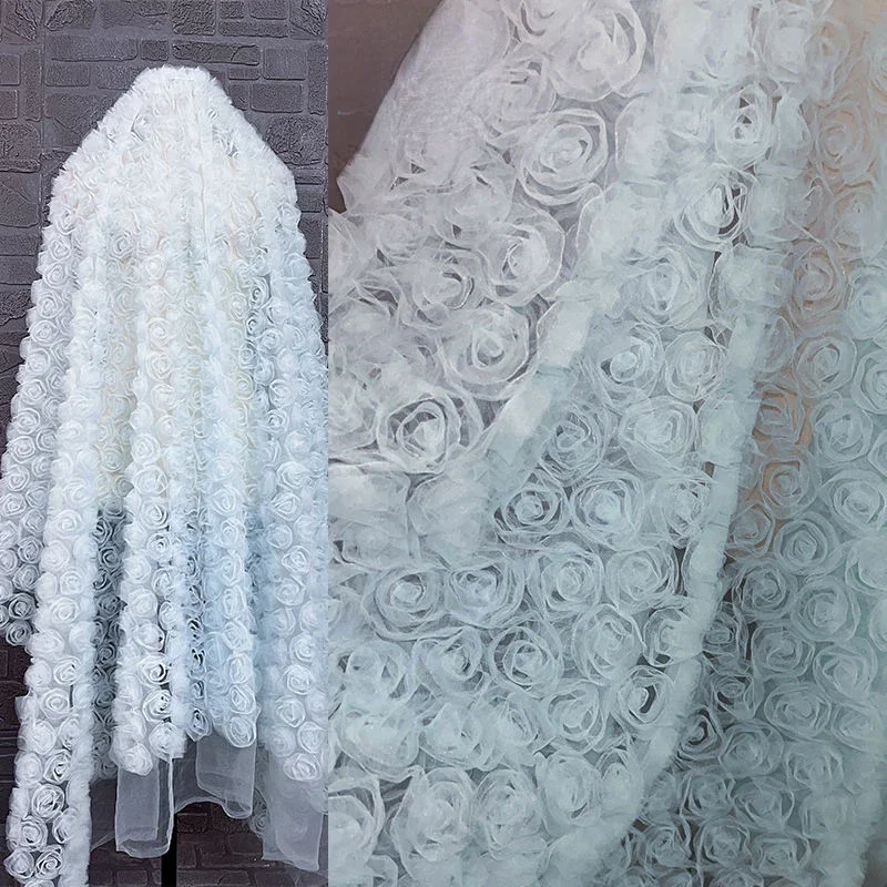 Blue Rose Three-dimensional Relief Fabric Jacquard Mesh Wedding Dress Dress Dress Clothing Designer Fabric