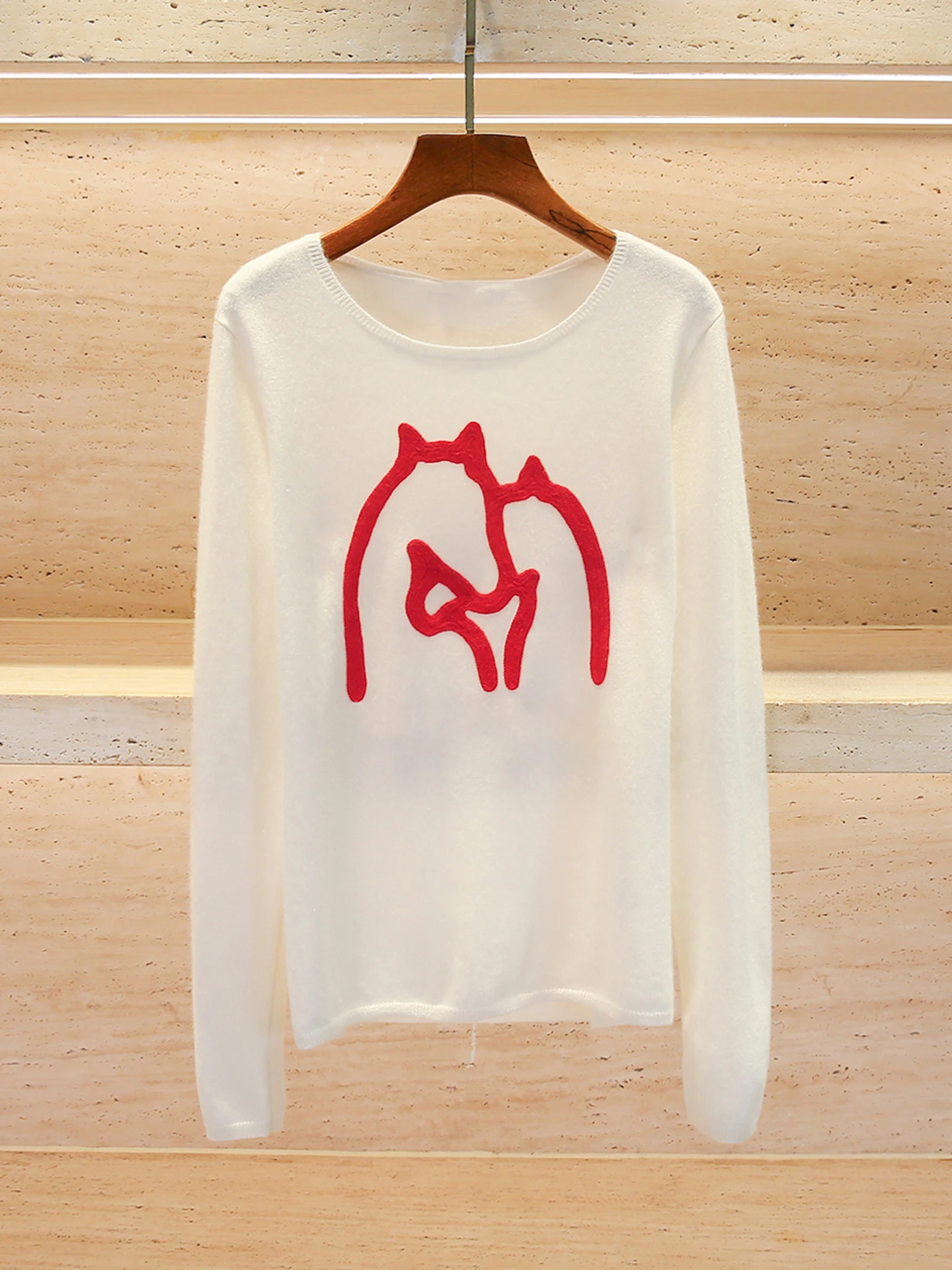 

Casual Cartoon Embroidered Knitted Sweater Women's Spring New Sle Comfortable Soft Medium Thin Long Sve round Ne Top