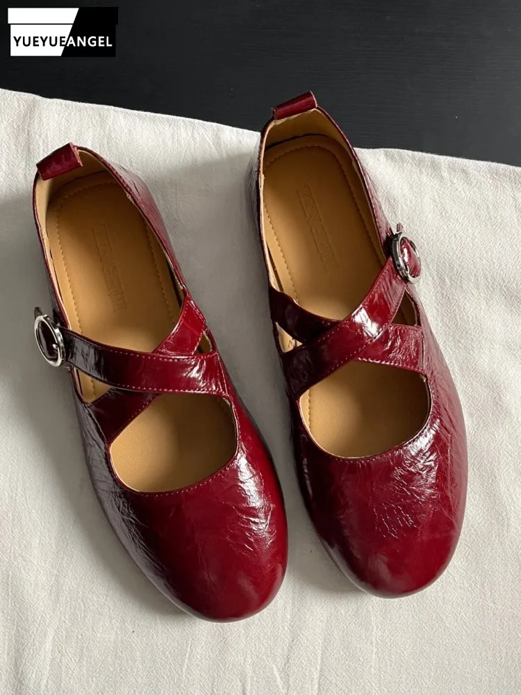 

Women Spring Real Leather Flat Shoes Solid Color Slip-on Cowhide Flats French Style Cross Buckle Shallow Shoes Sweet Footwear