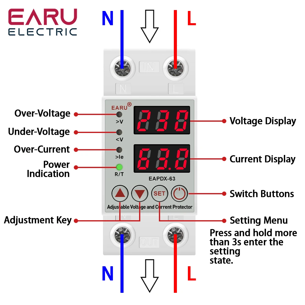 Dual Display 40A 63A AC 230V Adjustable Digital Over Under Voltage Device Protector Relay Limit Over Current Protection Din Rail