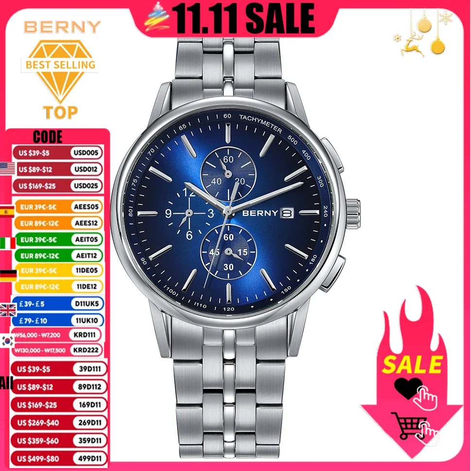 

BERNY Chronograph Watches for Men 24-hour Dial MIYOTA OS10 Multi-function Stainless Steel Sapphire Sport Quartz Wristwatch Men