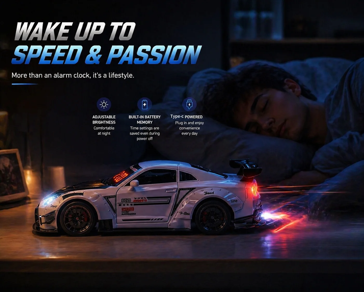 

LED Display Sports Car Alarm Clock with Realistic Engine Sounds, Dynamic Flame Effects, for Bedroom Decor & Gifts