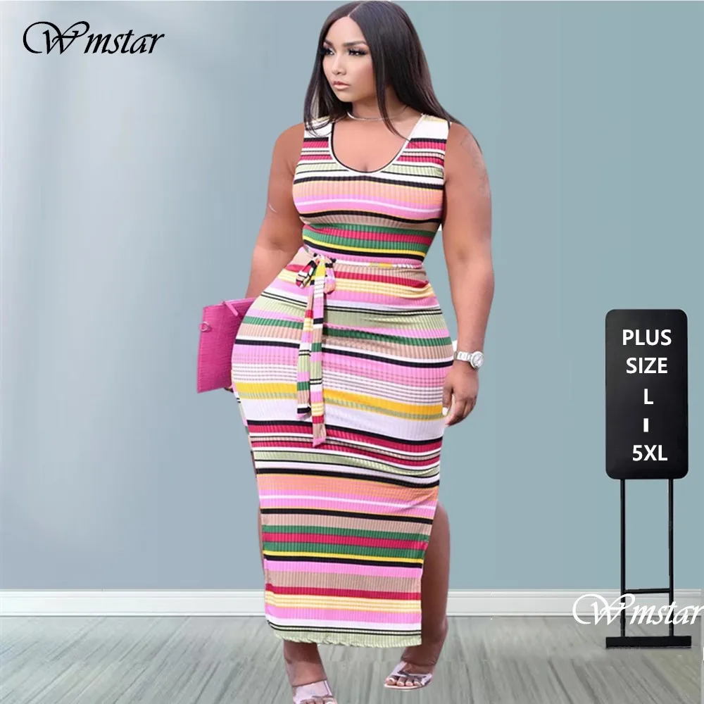 Wmstar Dresses for Woman Wholesale Elegant Sexy Slip Hem with Belt Ribbing Bodycon Striped Casual Maxi Dress Summer Dropshipping