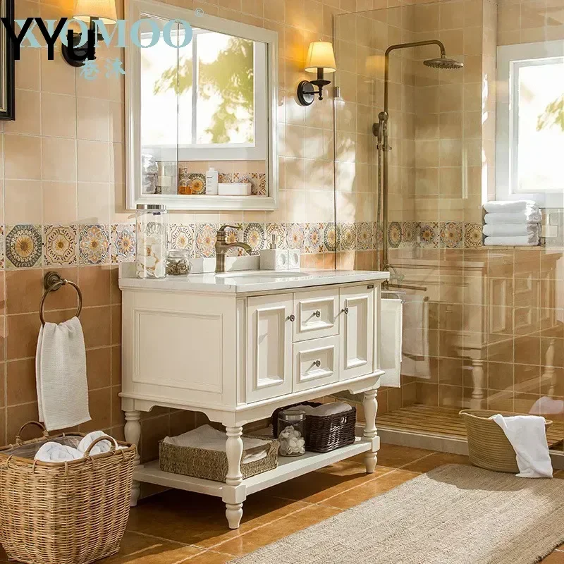 for Classic American Solid Wood Bathroom Cabinet Oak Floor to Ceiling Vanity Washstand with Basin Combined Storage Unit