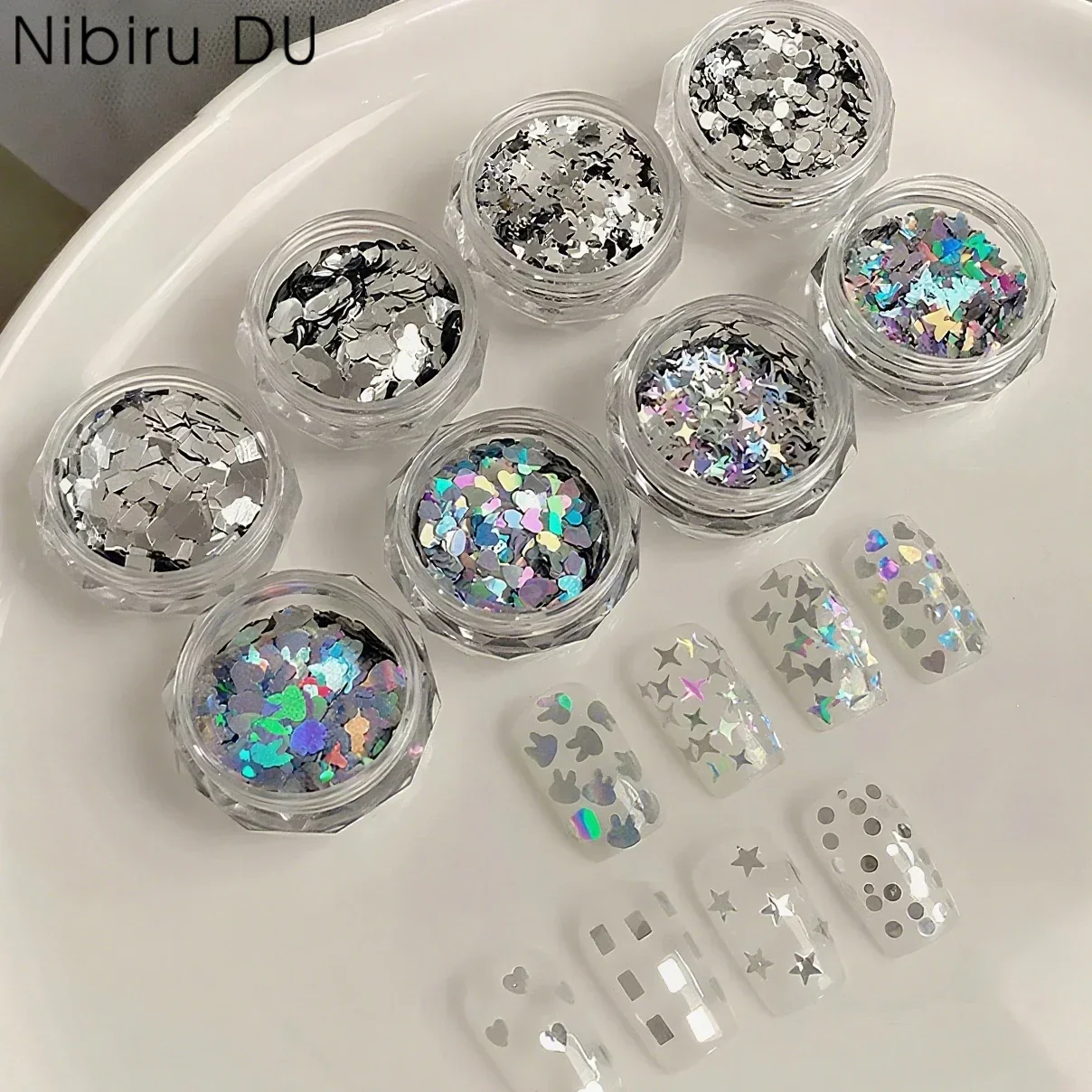 

Butterfly Laser Glitter Nail Art Flake Star Heart Rabbit Silvery Black Nails Seqiuns Korean DIY Manicure Decoration Accessories