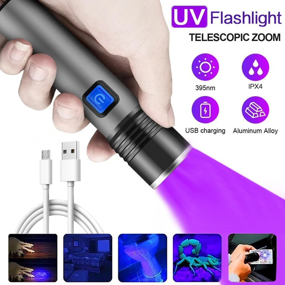 Latarka UV 395nm Blacklight Zoomable USB Akumulatorowa latarka UV Ultrafioletowa latarka do wykrywania moczu zwierząt domowych Utwardzanie żywicy