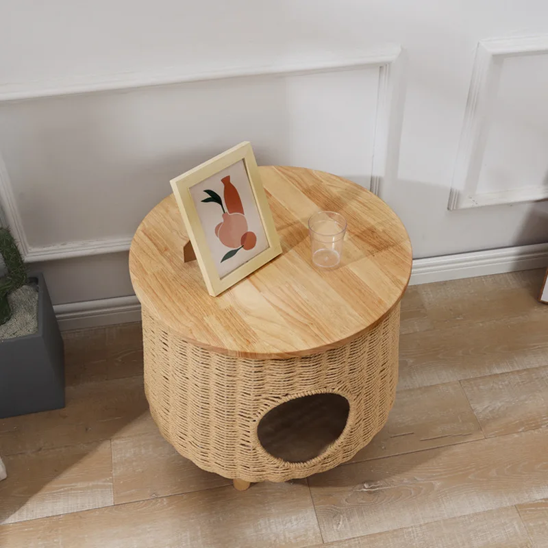 2024 New Design Wood Cat Bed Cave Universal Bedside Table Vine Woven Nest Furniture Four Seasonal Cat House with Carton Packing