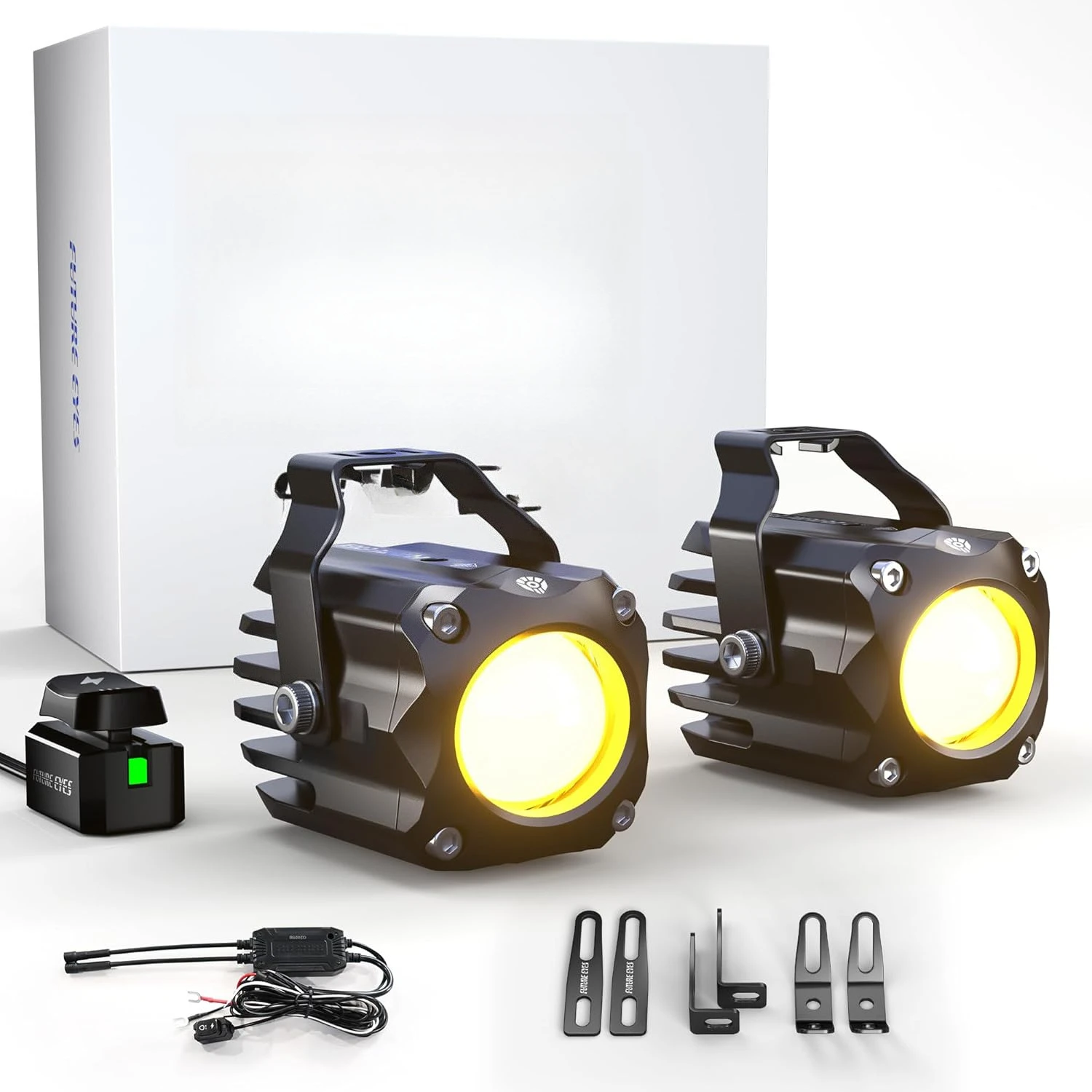 Eyes Motorcycle Fog Lights LED Kit, 60W White/Amber Driving Lights with High/Low Beam, CNC Aluminum Waterproof Auxiliary Light