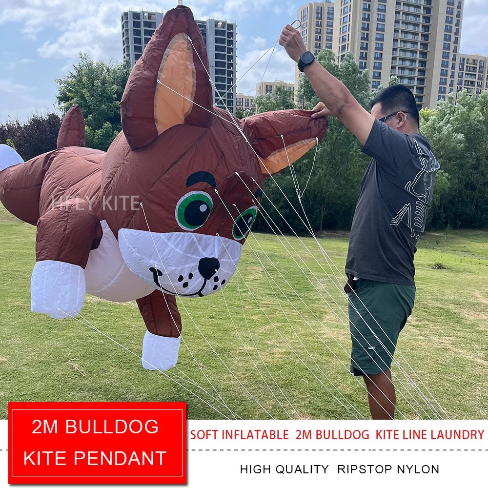 HFLY New Arrival Soft Inflatable 2m Lovely Bulldog Kite Line Laundry for Adults High Quality 40D Nylon Dog Show Kite Pendant