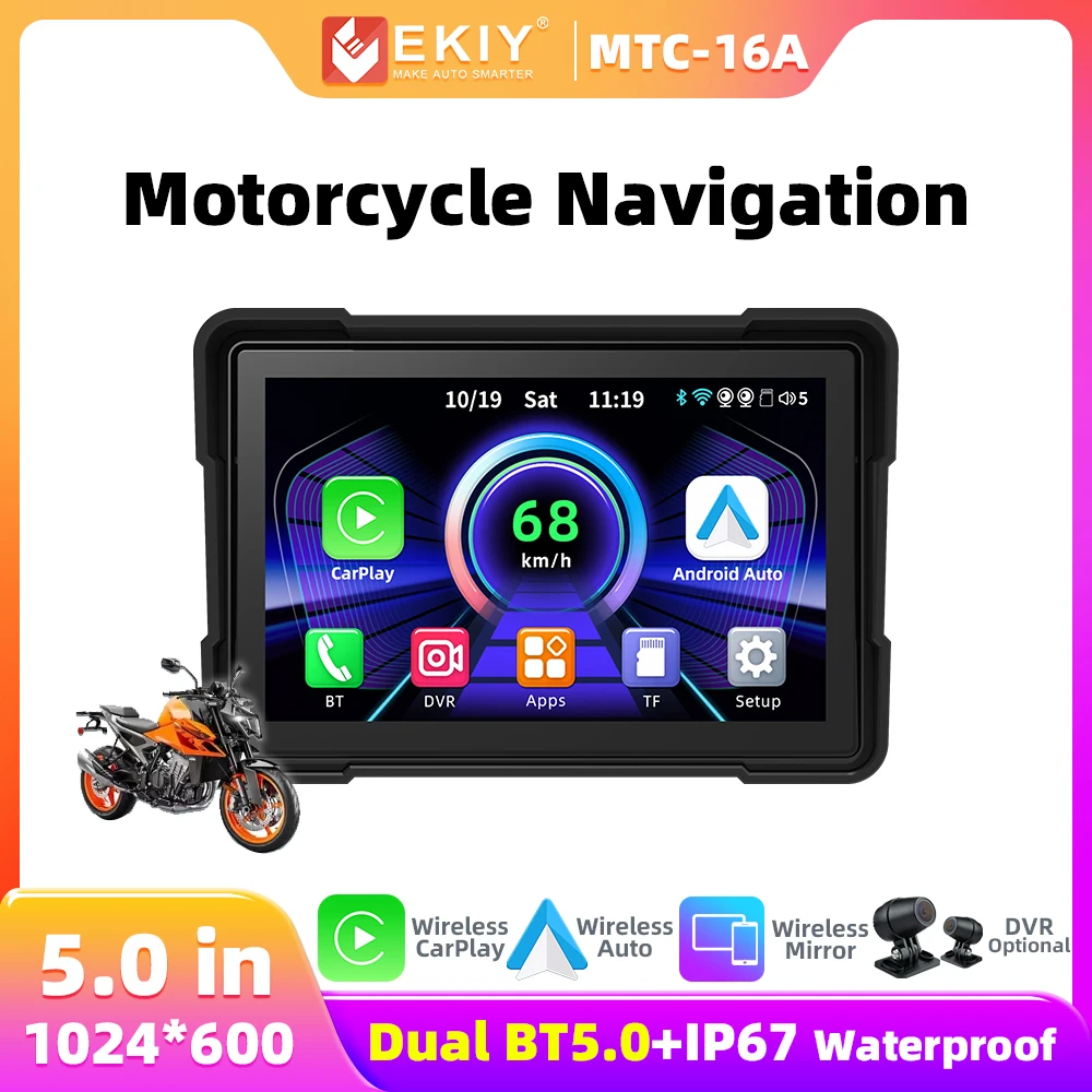 EKIY MTC16A 5 inch Navigation Motorcycle Waterproof Carplay Display Screen Portable Motorcycle Wireless Android Auto Monitor