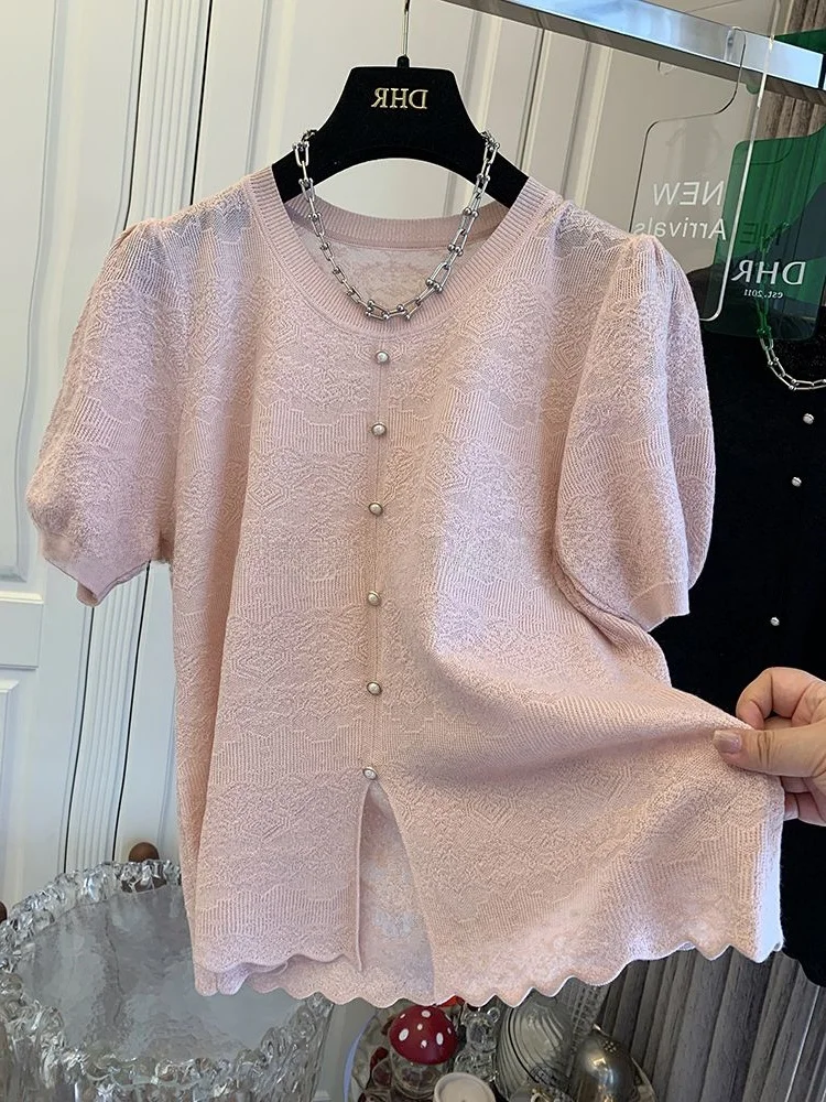 

plus Size 300 Pou Women's T-irt Knitwear ort Sve Soluble Lace Bubble Sve Casual Top for Spring Summer New Arrival