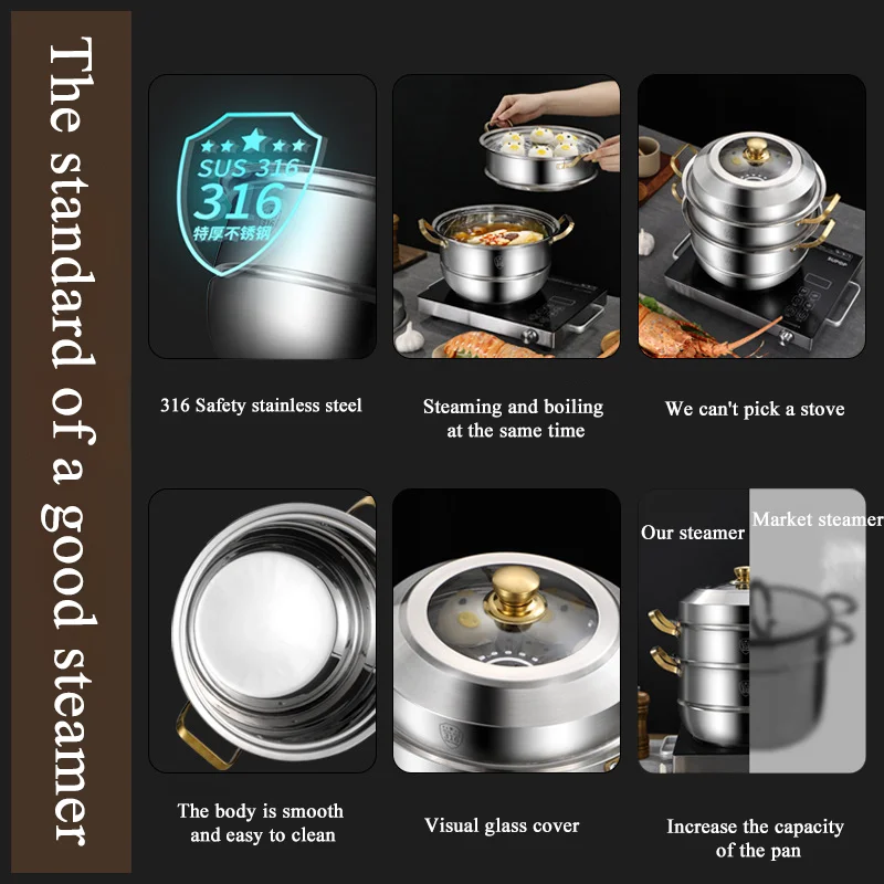 316 Stainless Steel Steam Pot, 4 Layers Steamer Cooker, Home Appliance, Soup Pot for Cooking, Hotpot, Cookware Set, 40cm