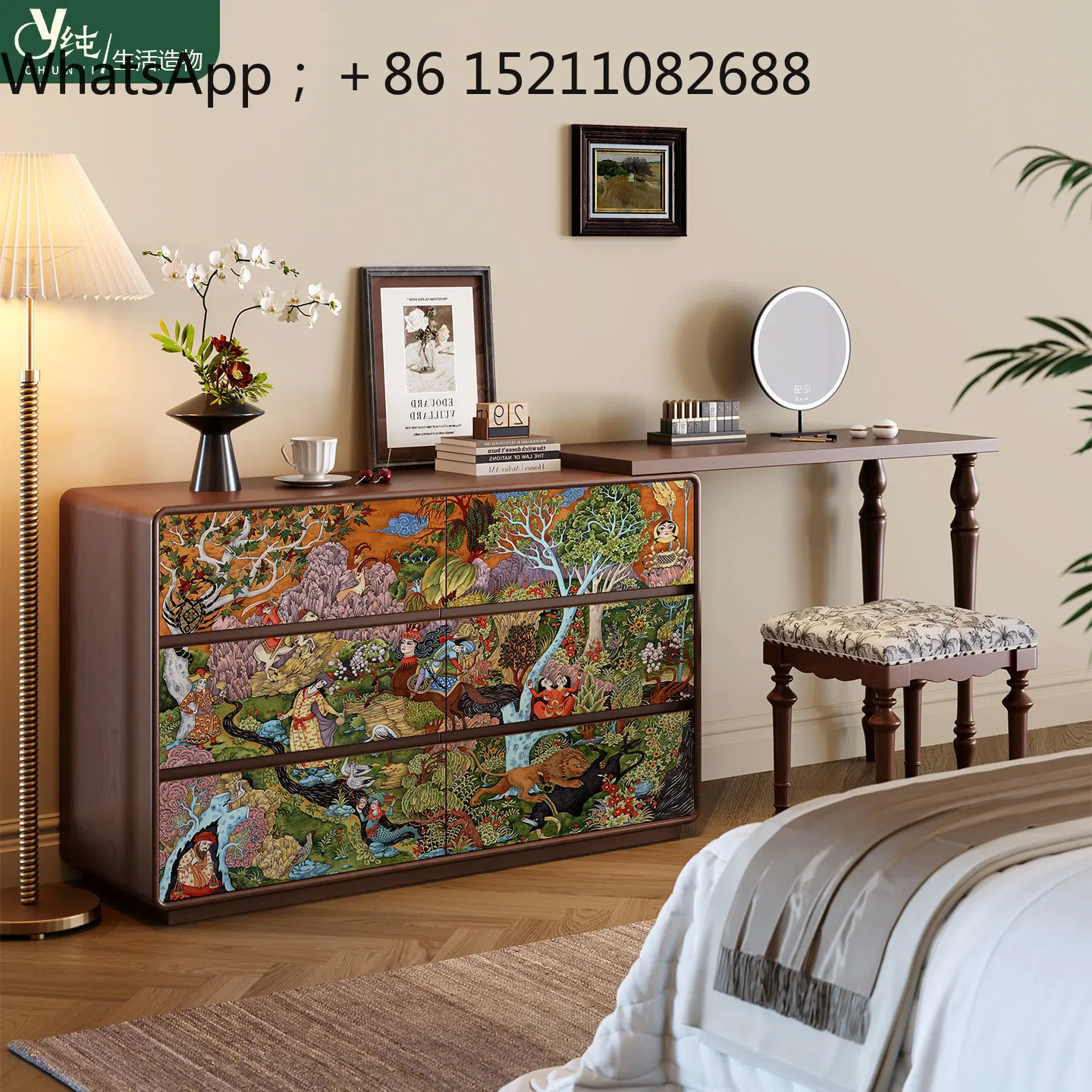 LLY medieval Persian fine painting zodiac garden art solid wood dresser chest integrated storage cabinet