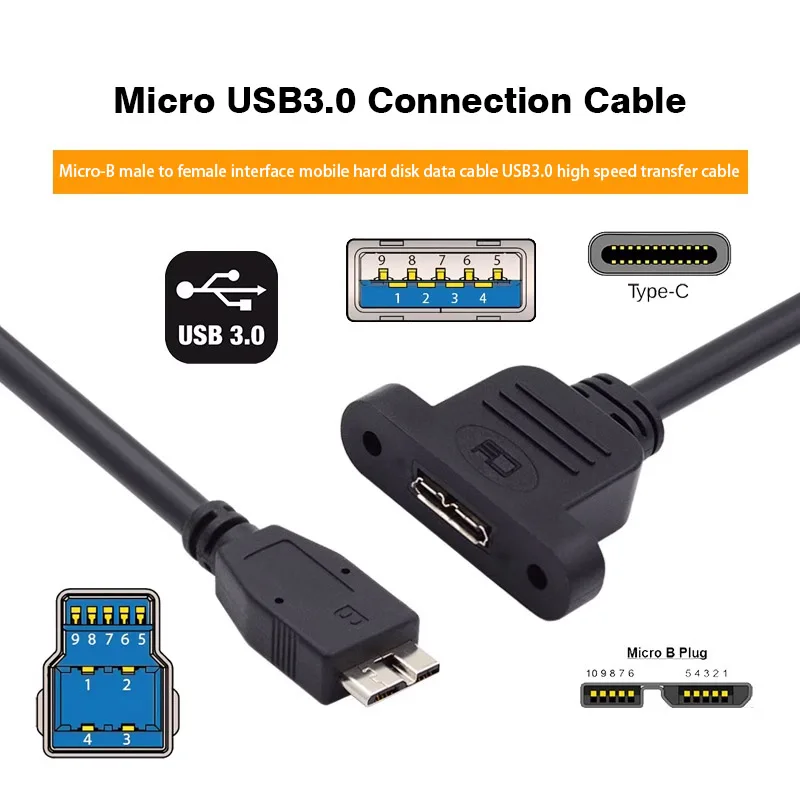 Micro USB 3.0 Female To USB A Male Extension USB-C Cable B Male Extension MicroB 3.0 Male Female Extension Cable with Screw Hole