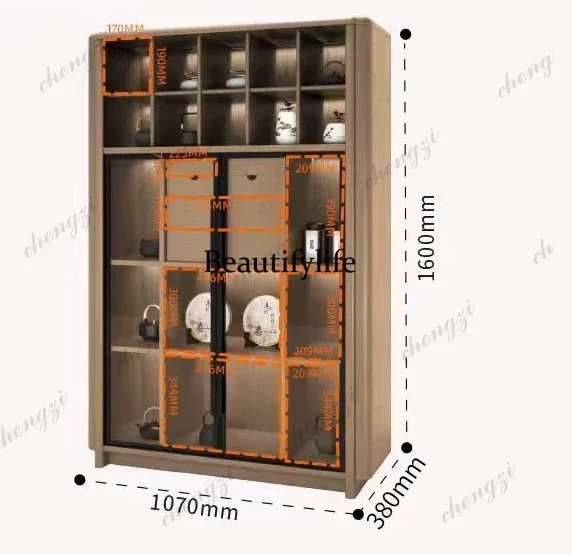 a55 Italian minimalist solid wood bookcase glass door floor-to-ceiling display cabinet modern combination locker with lamp view 6