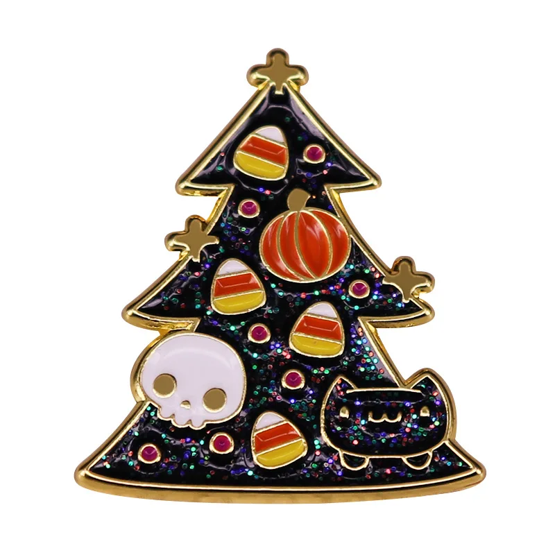 Glitter Christmas Tree Enamel Pins Pumpkin Candy Ghost Cat 크리스마스 Weihnachten Kerst Navidad Lapel Badge Brooch Decoration Jewelry