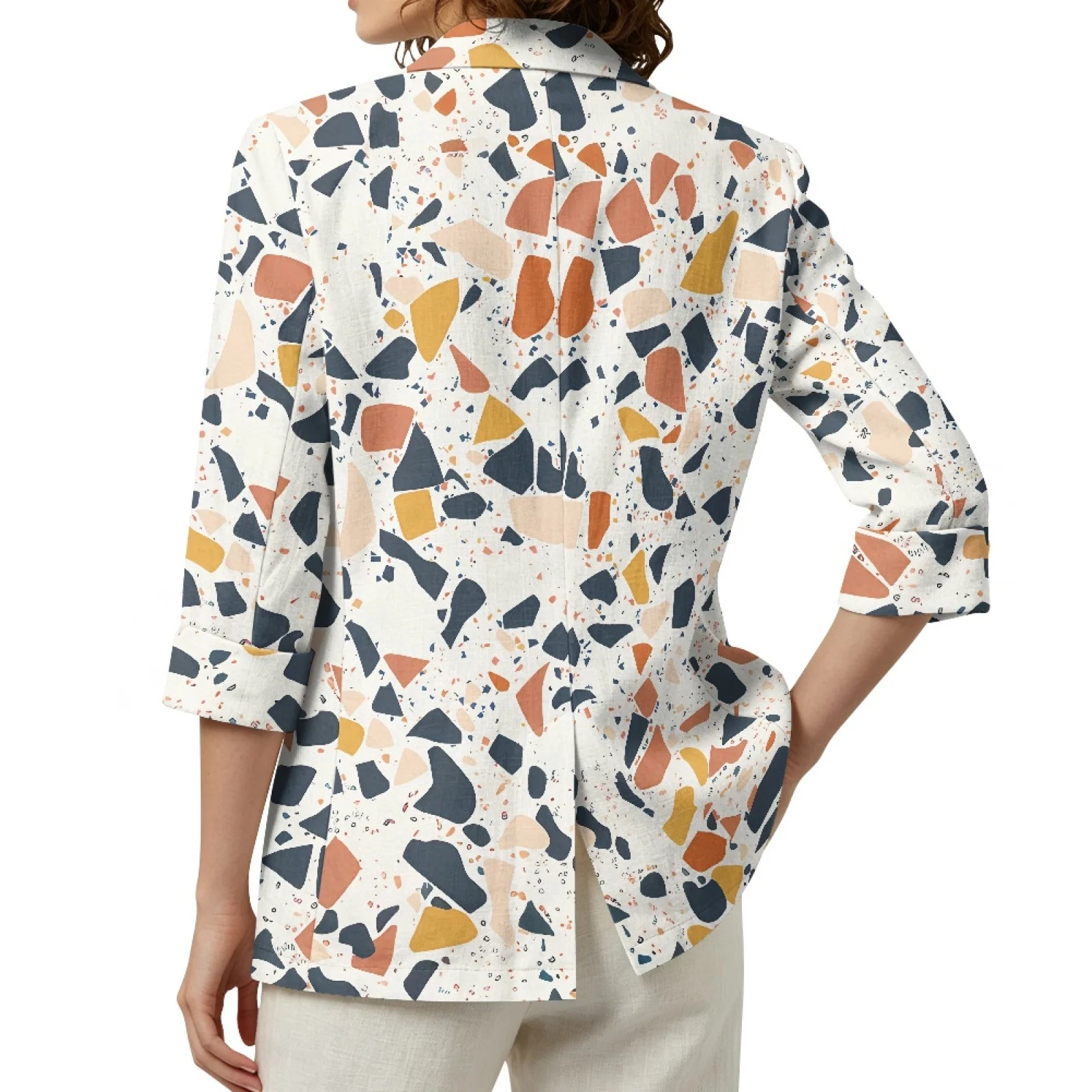PENSTROLL Terrazzo Pattern Print Linen Style Fall Jackets Open Front Jacket for Lady 3/4 Sleeve Layering Piece