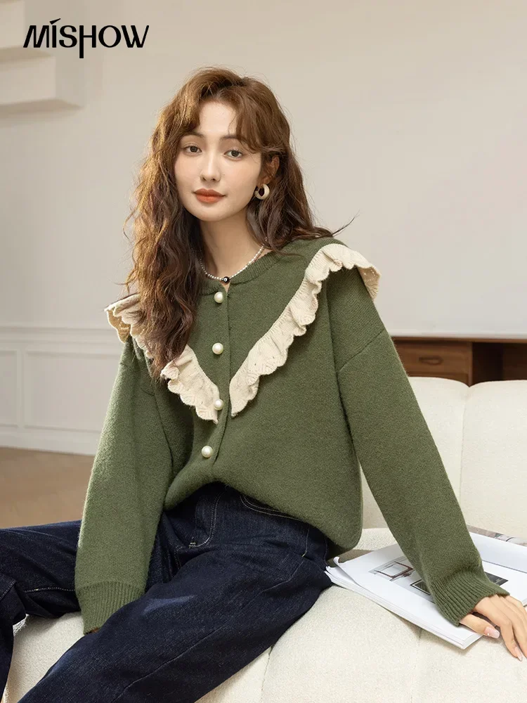 MISHOW Sweater Cardigan for Women Korean Fashion Ruffle Knitwears Autumn Winter Single Breasted Knitted Tops Jumpers MXB46Z1111