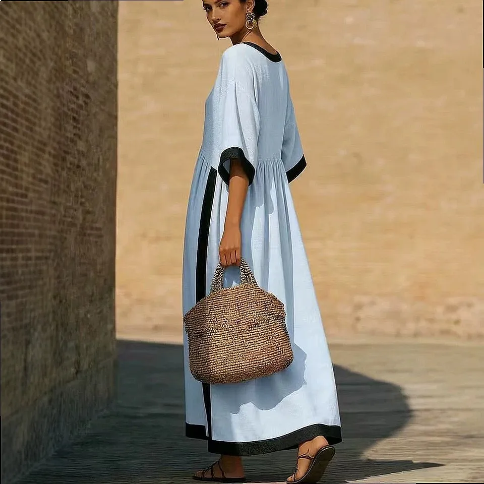 Women Boho Color Block Maxi Dress Casual Long Loose Dresses Spring Summer Bohemian Round Neck