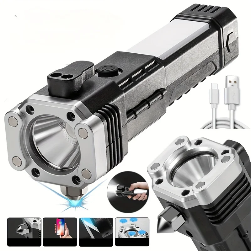 Super Bright Rechargeable LED Flashlights Automobile Safety Hammer, Car Multi-Function Torch Light Car Window Breaking Light