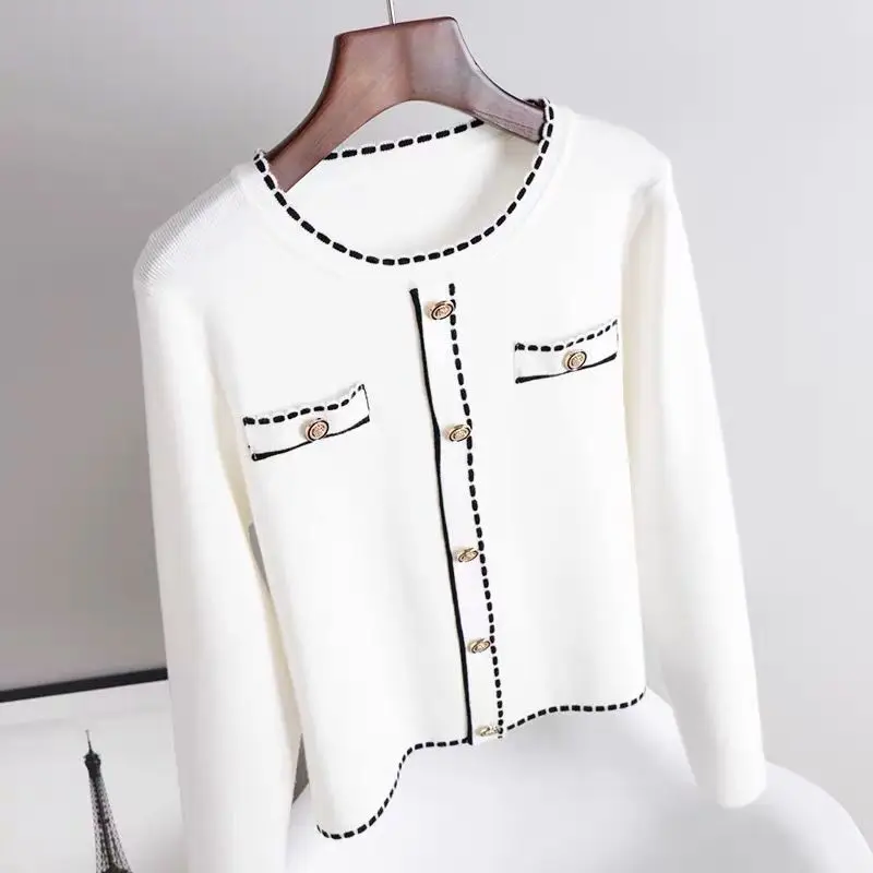 Spring Autumn New Contrast Patchwork Short Sweaters Long Sleeve Solid All-match Knitting Pullovers Fashion Elegant Women Clothes
