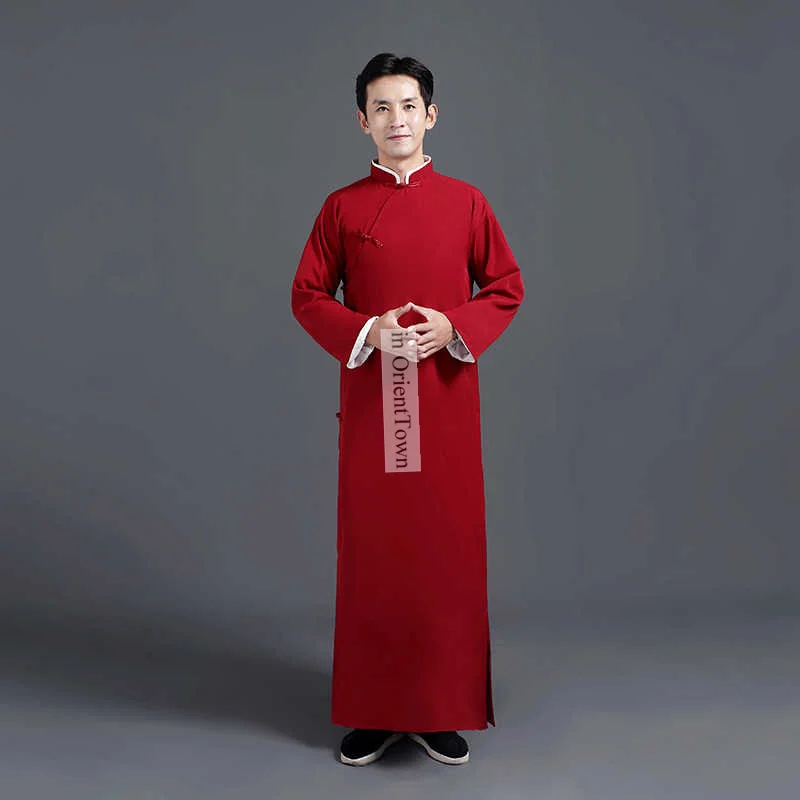 Chinese Cross Talk Attire Groom Red Robe Suit in OrientTown Traditional China Costume Men's Clothing Vest + Blue Long Gown TP095 view 5
