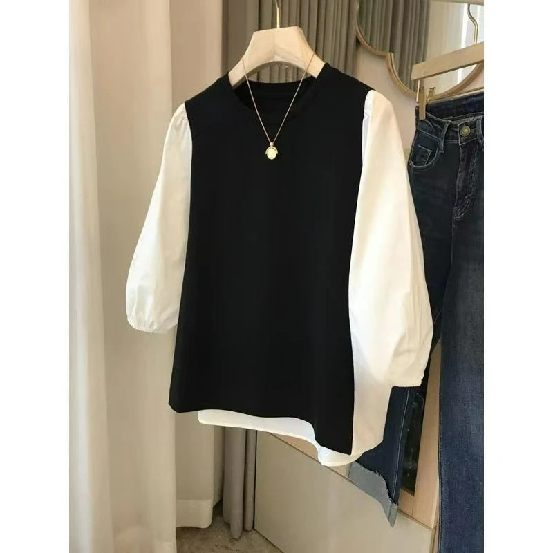 

Hoodie Patchwork Round Neck Causal Slimming Shirt Top for Women Autumn 2025 New Blouse