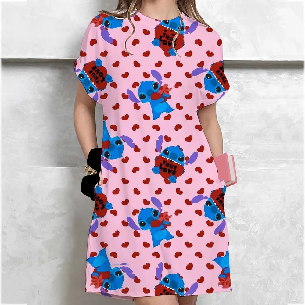 Abito alla moda in colori puri da donna con stampa Disney Stitch T-shirt stile mini abiti estivi abiti casual larghi
