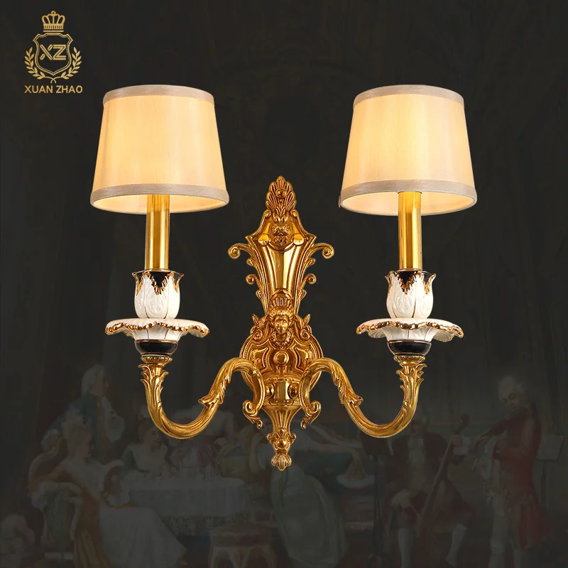 

French Luxury Full Copper Porcelain Wall Lamp Cylindrical Fabric Shade With Ceramic Lamp Head Decorative Copper Lamp