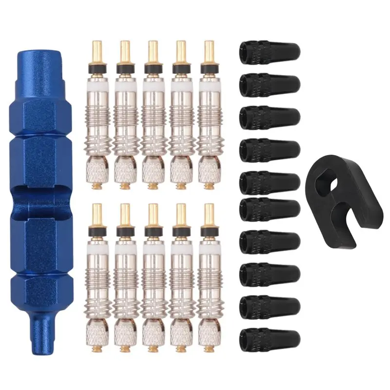 AEE6-10Pcs Valve Core For Presta,Valve Core Bike Bicycle Replacement With 2 Valve Core Remover Tools&10 Valve Stem Core Caps