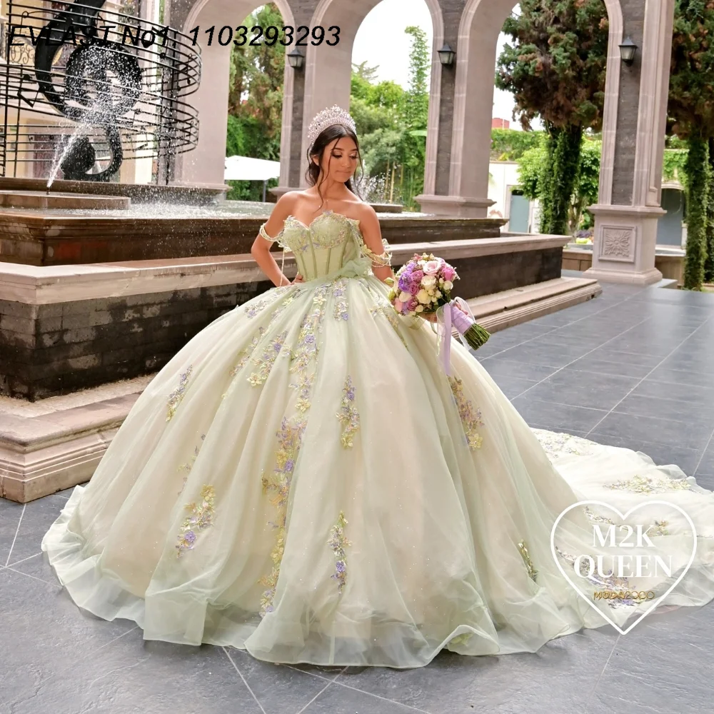 

EVLAST Customized Mexican Sage Quinceanera Dress Ball Gown Floral Applique Beading Corset Sweet 16 Vestido De 15 Anos E1Q107