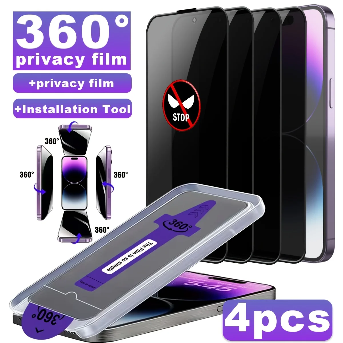4 Stück 360 °   Anti-Spionage Gehärtetes Glas Displayschutzfolie, für iPhone 13/14/15/16/17 Serie, Anti-Fingerabdruck, Kratzfest