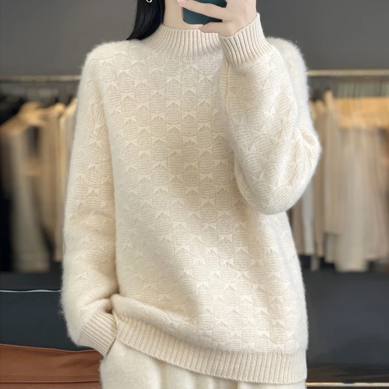 

Новый женский свитер-пуловер из 100% мериносовой шерсти с жаккардовым узором, воротником-стойкой, однотонный, плотный, коллекция Весна/Осень 2026