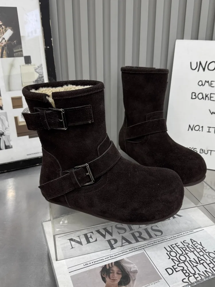 Warm Cow Suede Women High Top Shoes Fleece Lining Snow Boots Autumn Winter Flat Bottom Height Increased Ankle Footwear Hot Sale