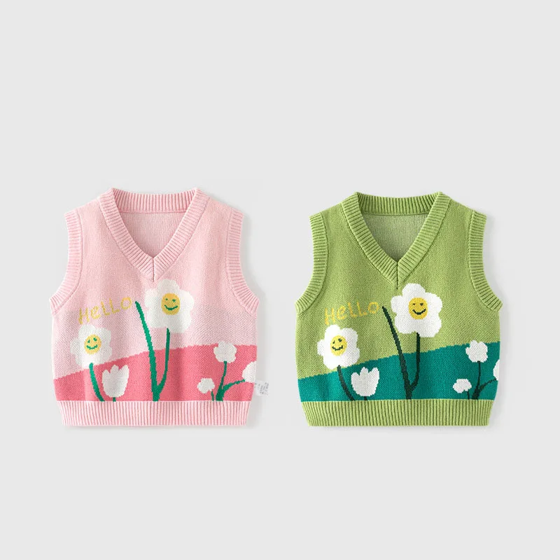 Spring Autumn Toddler Girls Vest Knitted Letter Floral Jacquard Kid Baby Girl Waistwear Versatile Cotton Little Girl Knitwear